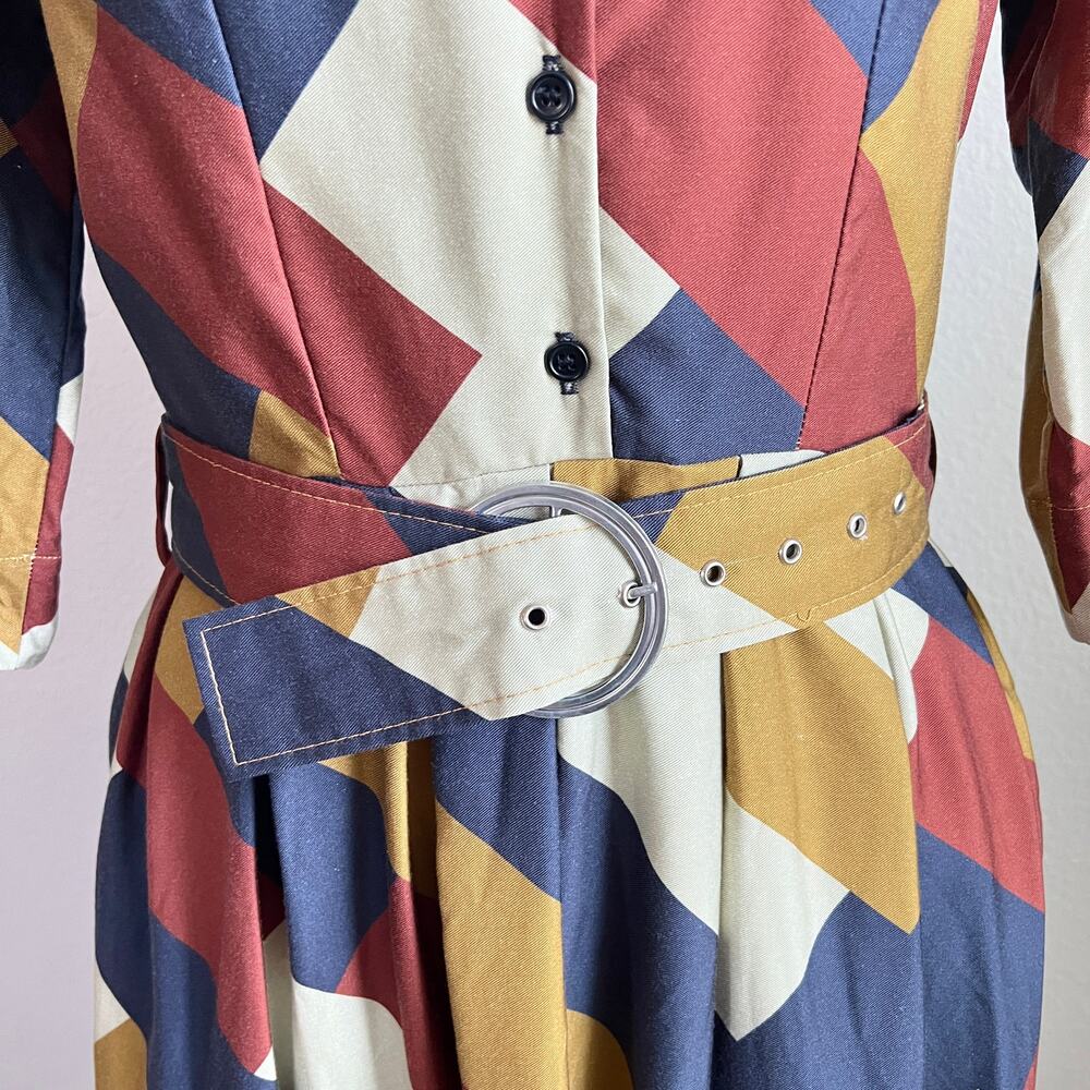 Palava Vintage-Inspired Geometric Print Shirt Dress Women's 10 Flawed - Picture 3 of 11